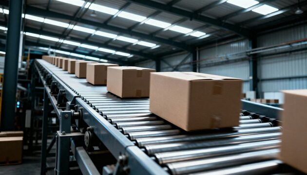 Industrial conveyor belt transporting cardboard boxes inside a warehouse