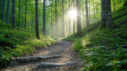 Fototapeta premium Sunlight filters through trees along serene forest trail, creating peaceful atmosphere