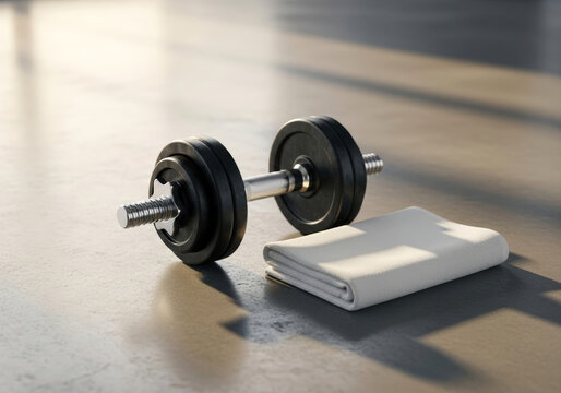 Adjustable dumbbell with white towel resting on a gym floor - Powered by Adobe