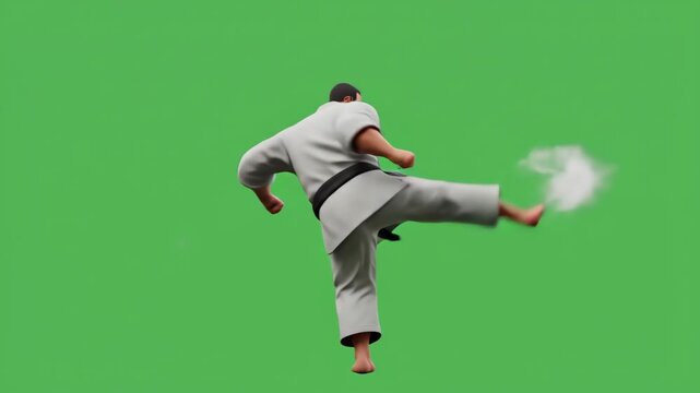 Martial Artist Performing Karate Moves on Green Screen Background.