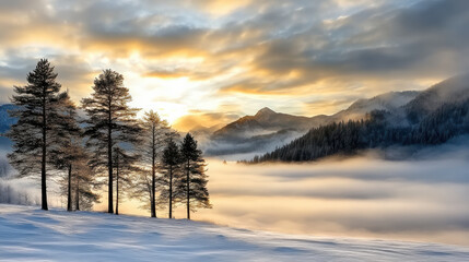 Fototapeta premium Majestic winter landscape with fog, trees, and mountains sunrise, evoking tranquility and beauty