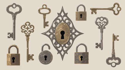Collection of various old keys and locks in neutral colors arranged on a light background
