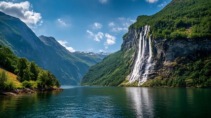 Majestic waterfall cascades down green mountains into a serene fjord