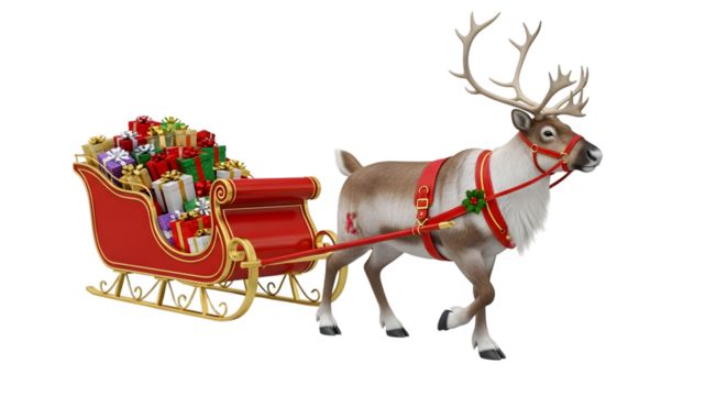 A reindeer pulling santas sleigh filled with gifts, isolated on transparent background