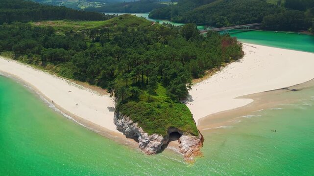 Aerial of Sandy Beach on River Sor Spit Near O Porto do Barqueiro, Galicia