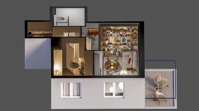 Rotating 3D Floor Plan of Small Modern Apartment, Architectural Isometric View of Residential Interior, Animation.
