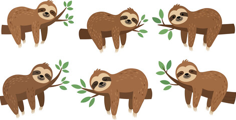 Fototapeta premium Six Adorable Brown Sloths Relaxing on Branches Vector Illustration - Cute Cartoon Animals in Natural Habitat - Lazy Sloths Hanging Out