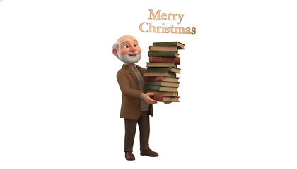 A cheerful 3D cartoon elderly man holding a large stack of books with a Merry Christmas greeting above.