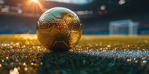 Golden soccer ball on field close up professional sports photography concept