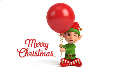 A cheerful cartoon elf wearing a green hat and costume, winking and holding a red balloon with a golden string, with "Merry Christmas" text.