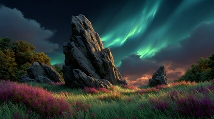 Majestic Aurora Borealis illuminates dramatic rock formation in mystical landscape with vibrant wildflowers