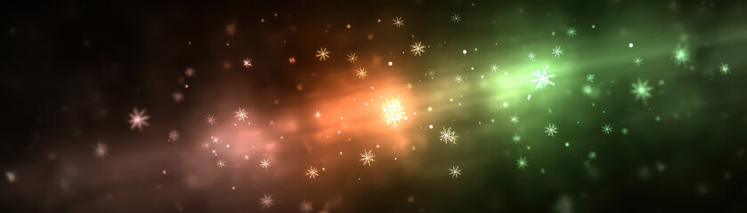 Mysterious abstract space background with glowing green and orange light particles