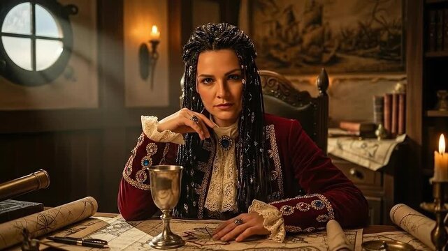 Historic scene of elegant woman pondering over maps in dimly lit vintage room with candlelight and antique objects