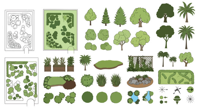 Landscape Architecture Vegetation Symbols - Top‑View Trees, Shrubs, Palms & Planters Vector Pack