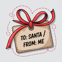 Gift tag with red ribbon and string outline &ndash; Perfect for Christmas packaging, greeting cards, or festive branding.