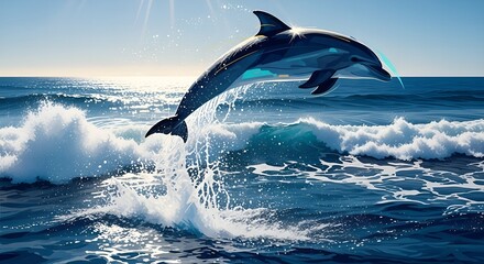 Fototapeta premium Artistic Lively Dolphin Leaping Illustration Over Blue Ocean Scene