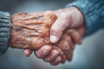 Fototapeta premium Hands of elderly people clasped together showing love and support, wearing gray and brown knitted sweaters
