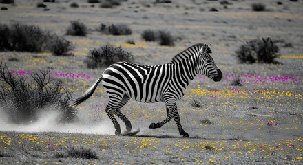 Fototapeta premium Selective Color Stripped Zebra Running Through a Flower Field Landscape