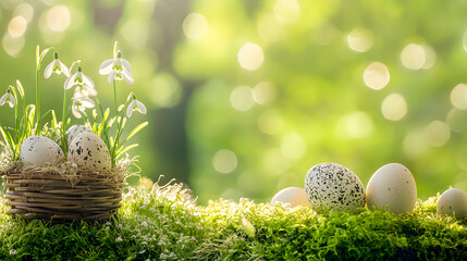 A wooden podium with moss and Easter eggs on a light forest background