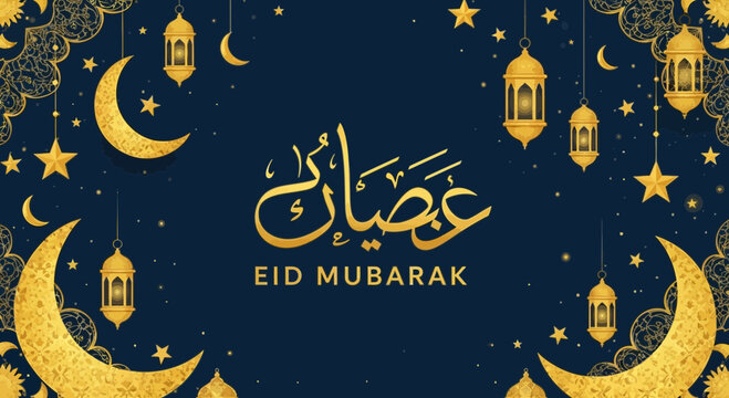 Elegant eid mubarak greeting card design with crescent moon and lanterns - Powered by Adobe