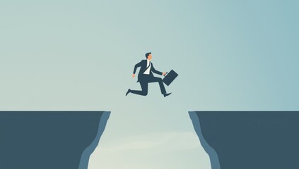 Businessman jumping over a gap, business concept of risk and challenge