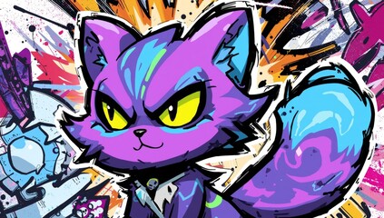 Cartoon cat illustration with graffiti art background and bold colors