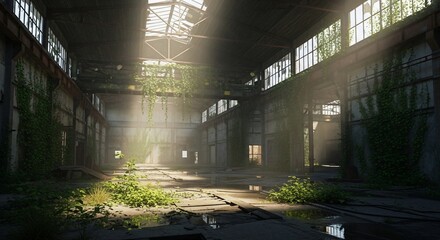 Abandoned warehouse interior with overgrowth and natural light