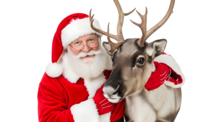 A cheerful santa claus with a reindeer, isolated on transparent background
