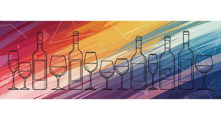 Elegant wine presentation: Hand-drawn bottles and glasses on colorful backdrop