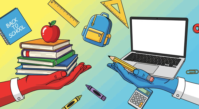 Back to school with modern and traditional learning tools illustration