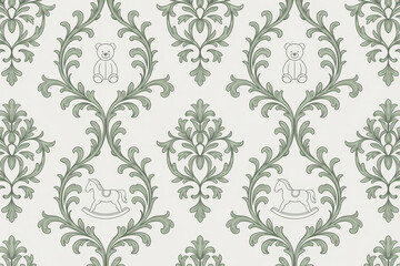 Vintage toy-themed wallpaper with green floral patterns and teddy bears