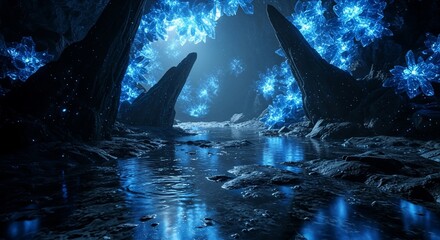 Abstract crystal cave with water reflection fantasy concept