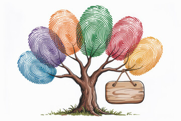 Vibrant fingerprint tree with wooden sign representing identity and diversity
