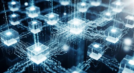 Abstract data network visualization with glowing cubes and connecting lines