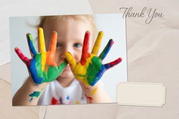 Colorful handprints: child's creativity and art expression thank you card