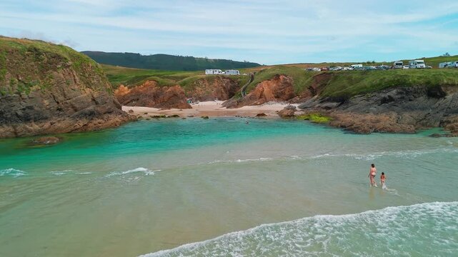 Aerial view of Playa de Santa Comba beach with turquoise sea in Galicia Spain