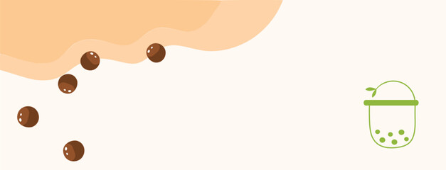 Boba tea banner with rolling tapioca pearls and minimalist green cup on creamy beige background, playful bubble milk tea header for menus, cafés, and social posts.