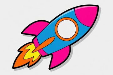 Colorful cartoon rocket icon with vibrant design and bold shapes on white background
