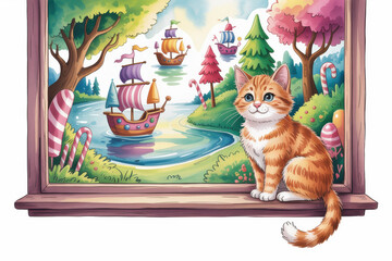 Whimsical cat sitting on windowsill overlooking a fantasy world with candy trees and sailing ships