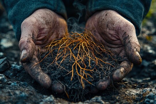 Dirty hands holding soil and roots, symbolizing growth, nature connection, sustainability, and the importance of healthy earth