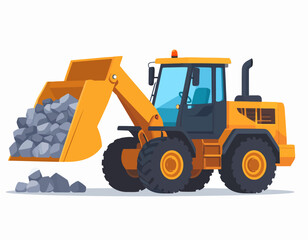 Fototapeta premium Yellow front loader scooping gravel on a white background, construction vehicle illustration