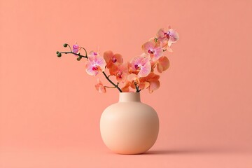 Fototapeta na wymiar Beige ceramic vase with blooming orchid flower on peach background