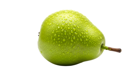 A green pear with dew on surface on white background.