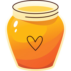 Glass jar filled with golden honey and a small heart shape on the front with a white lid on a transparent background