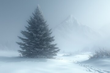 Naklejka premium Snowcovered pine tree in foggy winter landscape with mountain and footprints in pristine white snow