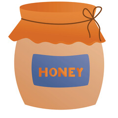 Glass jar of golden honey with orange fabric lid tied with twine and blue label displaying the word honey with transparent background