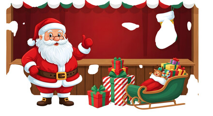 Obraz premium Santa claus standing next to a market stall with gifts and a sleigh full of presents, festive christmas scene isolated on transparent background