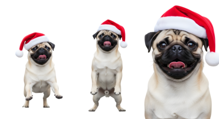 Three pugs wearing santa hats, isolated on transparent background