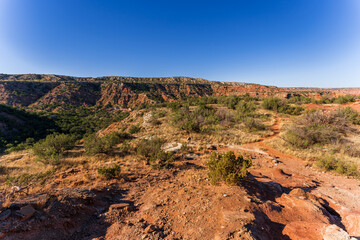 Stunning View of Palo Duro Canyon in Texas with Red Rock Formations Under a Clear Blue Sky