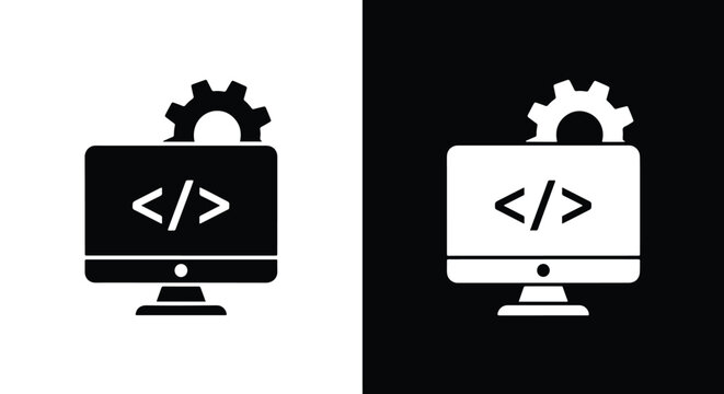 Coding gear icon computer screen with brackets and cogwheel design - Line and glyph icon and logo - Vector icon symbol for website - Icon vector